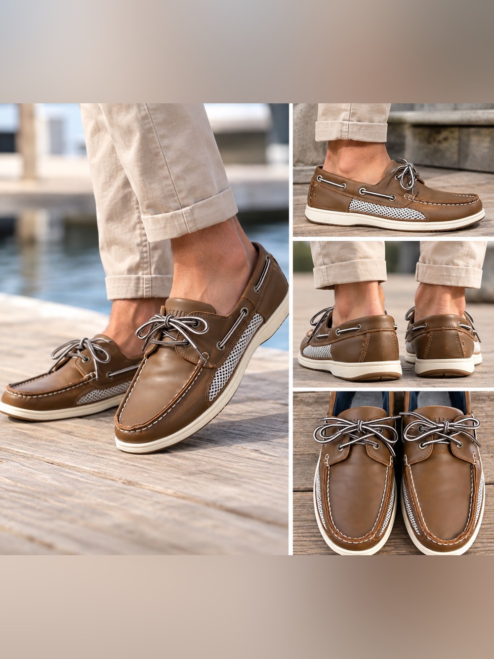 Island Surf Mens Brown Boat Shoes Mesh Panel Nautical Loafers Casual Brown White